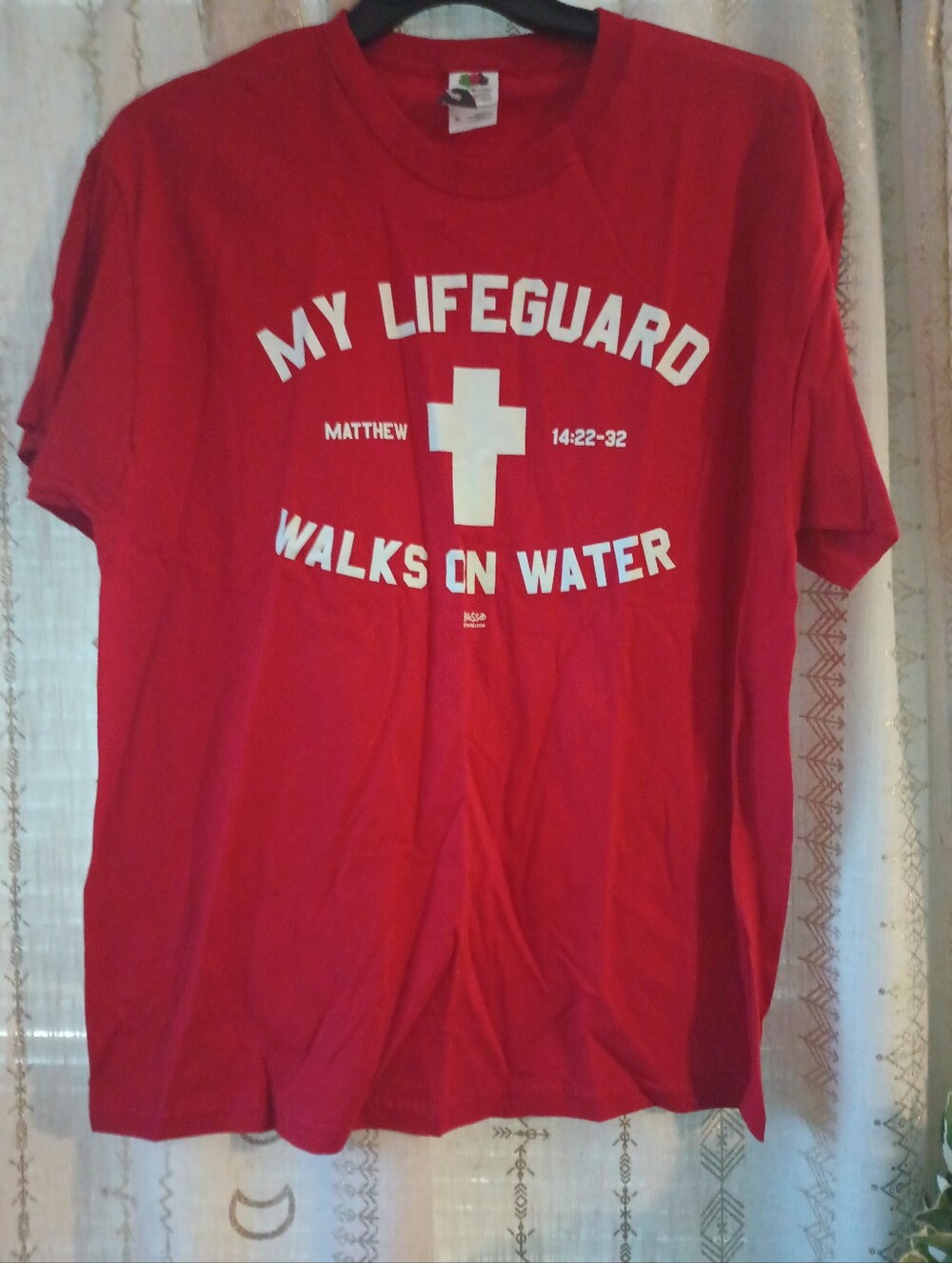 Fruit of the Loom Red Graphic Tee "My Lifeguard Walks on Water"